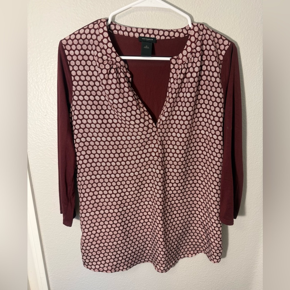 Ann Taylor Burgundy and White Geometric Blouse
